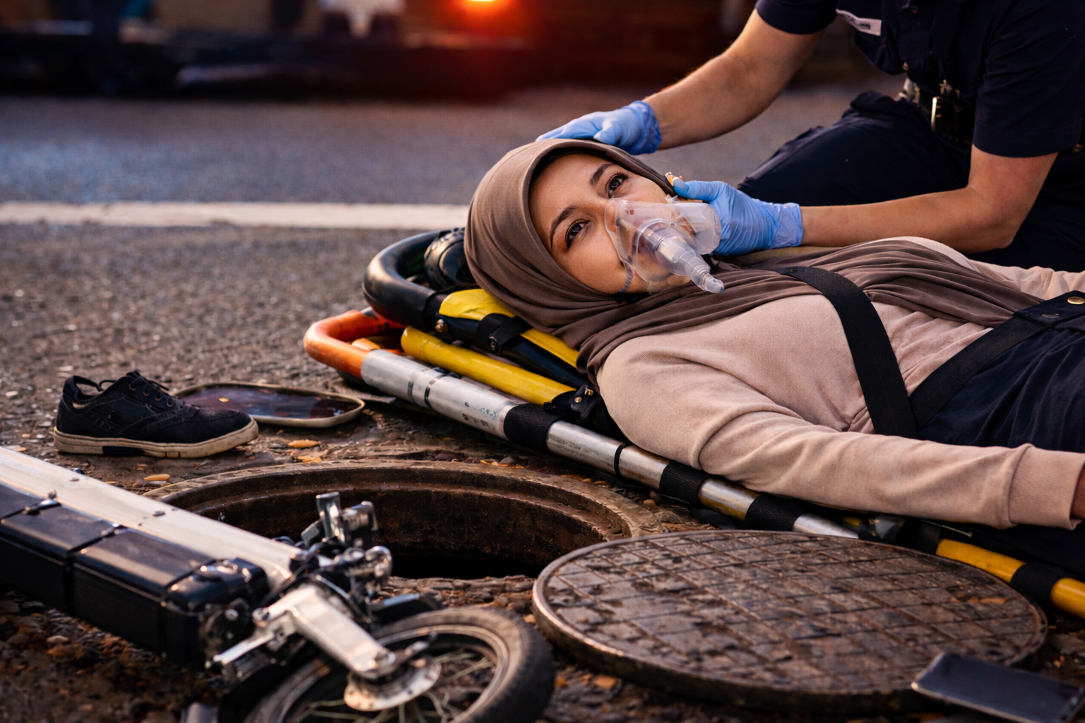 Elektrikli Bisikletle Rögar Çukuruna Düşen Kadın Ağır Yaralandı.