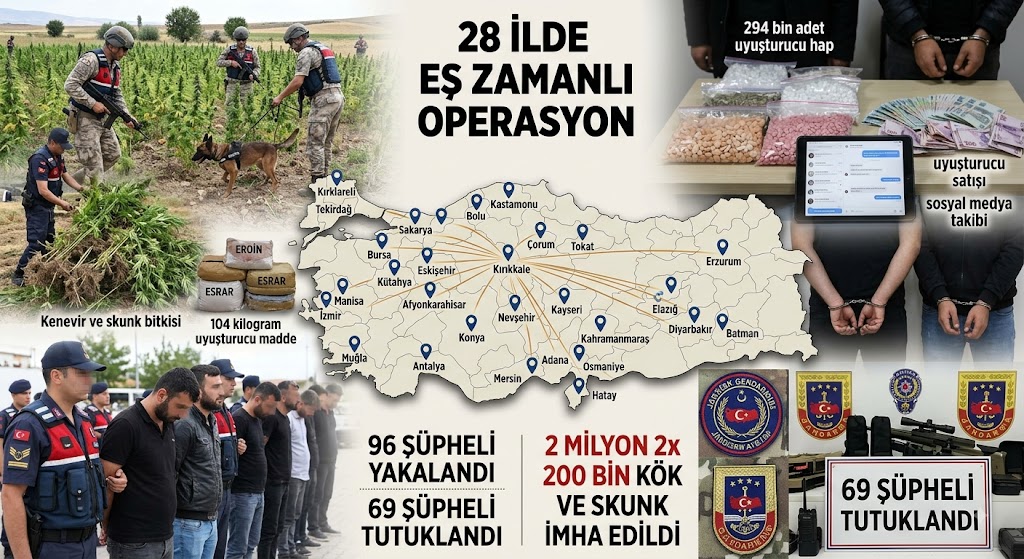 28 İLDE UYUŞTURUCU OPERASYONU: 104 KİLOGRAM UYUŞTURUCU ELE GEÇİRİLDİ