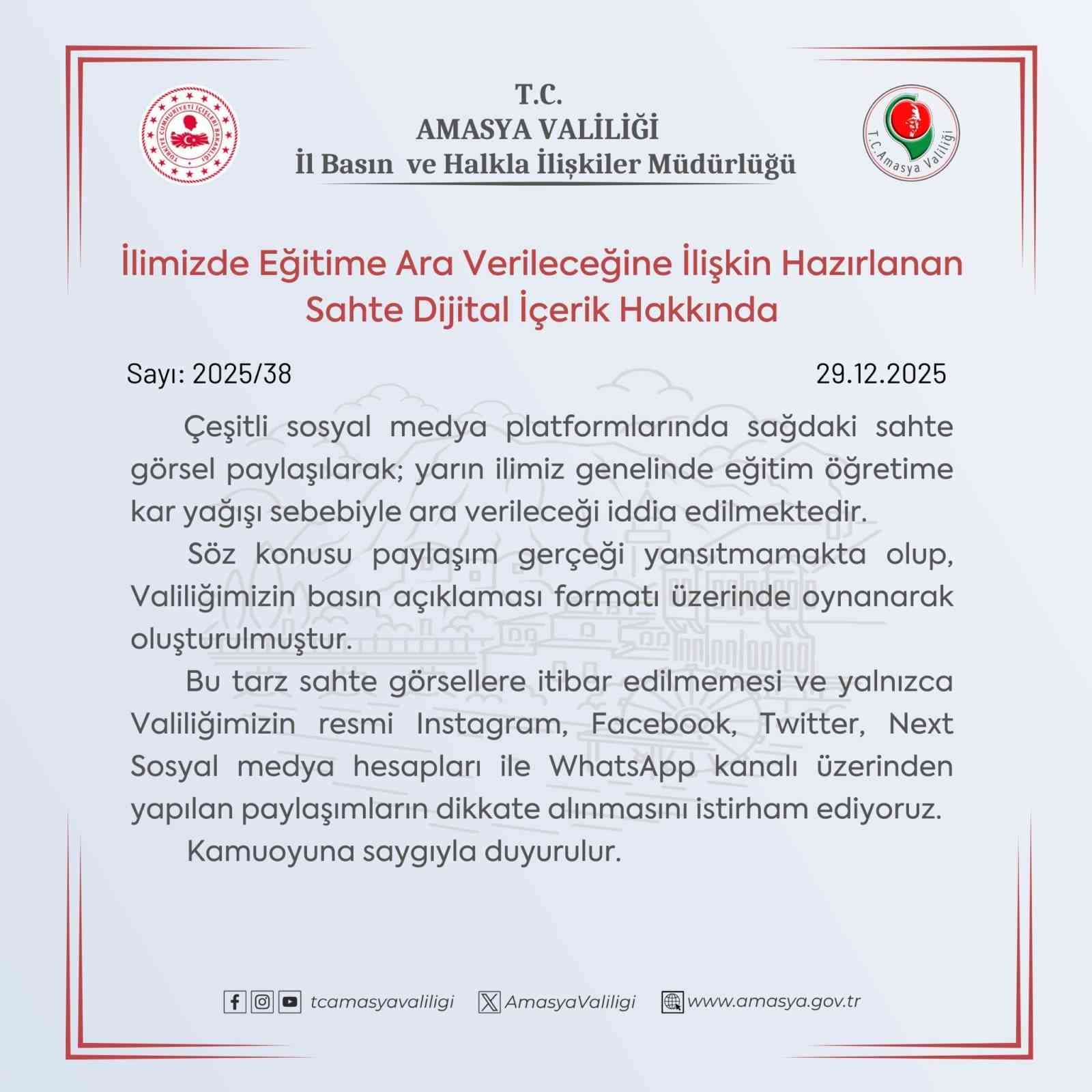 Amasya Valiliği’nden sahte ‘kar tatili’ paylaşımlarına ilişkin açıklama