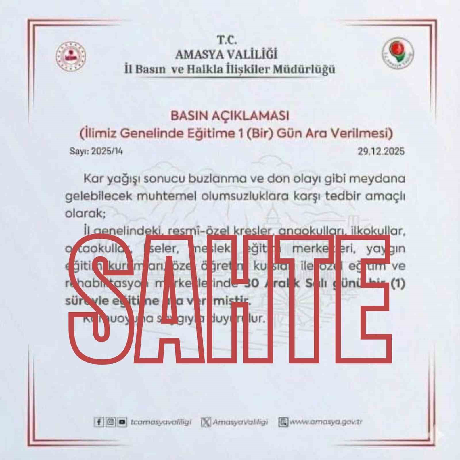 Amasya Valiliği’nden sahte ‘kar tatili’ paylaşımlarına ilişkin açıklama