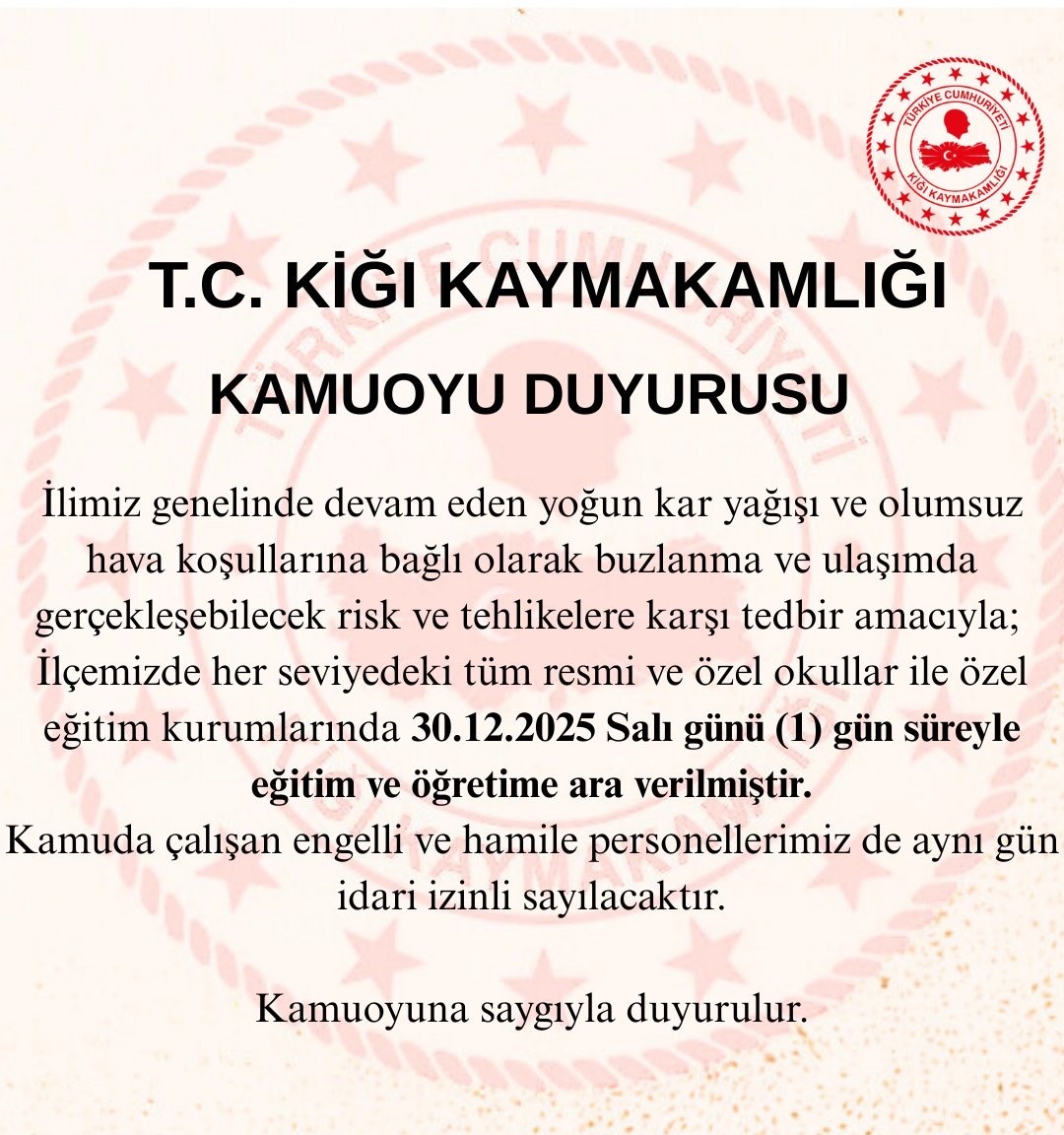 Bingöl’de kar tatili: 3 ilçede tüm okullar, merkezde taşımalı eğitime ara