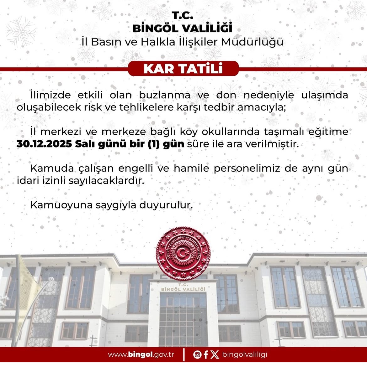 Bingöl’de kar tatili: 3 ilçede tüm okullar, merkezde taşımalı eğitime ara