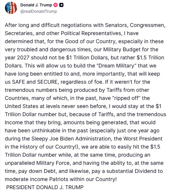 ABD Başkanı Trump: "2027 savunma bütçemizin 1 buçuk trilyon dolar olması gerektiğine karar verdim"
