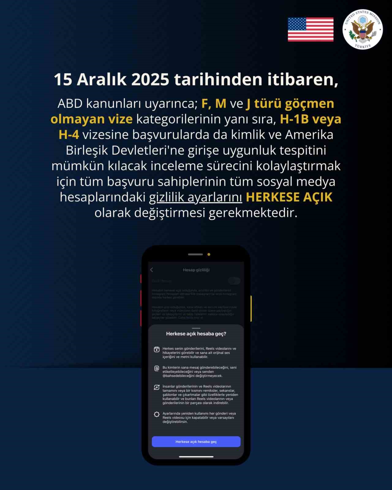 ABD Büyükelçiliği: "Vize başvurusu yapacak kişilerin sosyal medya hesaplarını herkese açık hale getirmesi gerekiyor"

