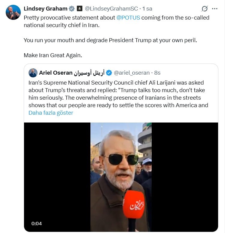 ABD’li Senatör Graham’dan İran’ın dini lideri Hamaney’in rejim yanlısı gösterileri ABD’ye uyarı olarak nitelemesine yanıt
