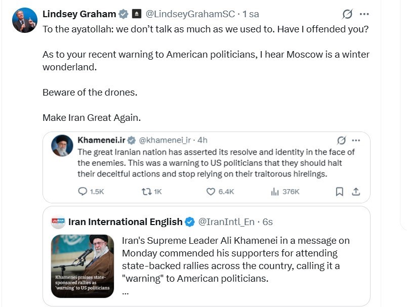 ABD’li Senatör Graham’dan İran’ın dini lideri Hamaney’in rejim yanlısı gösterileri ABD’ye uyarı olarak nitelemesine yanıt
