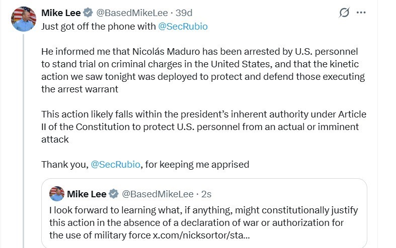 ABD’li Senatör Lee: "Dışişleri Bakanı Rubio, Maduro’nun ABD’de yargılanmak üzere tutuklandığını bildirdi"
ABD’li Senatör Lee: "Dışişleri Bakanı Rubio, Maduro’nun ABD’de yargılanmak üzere tutuklandığını bildirdi"