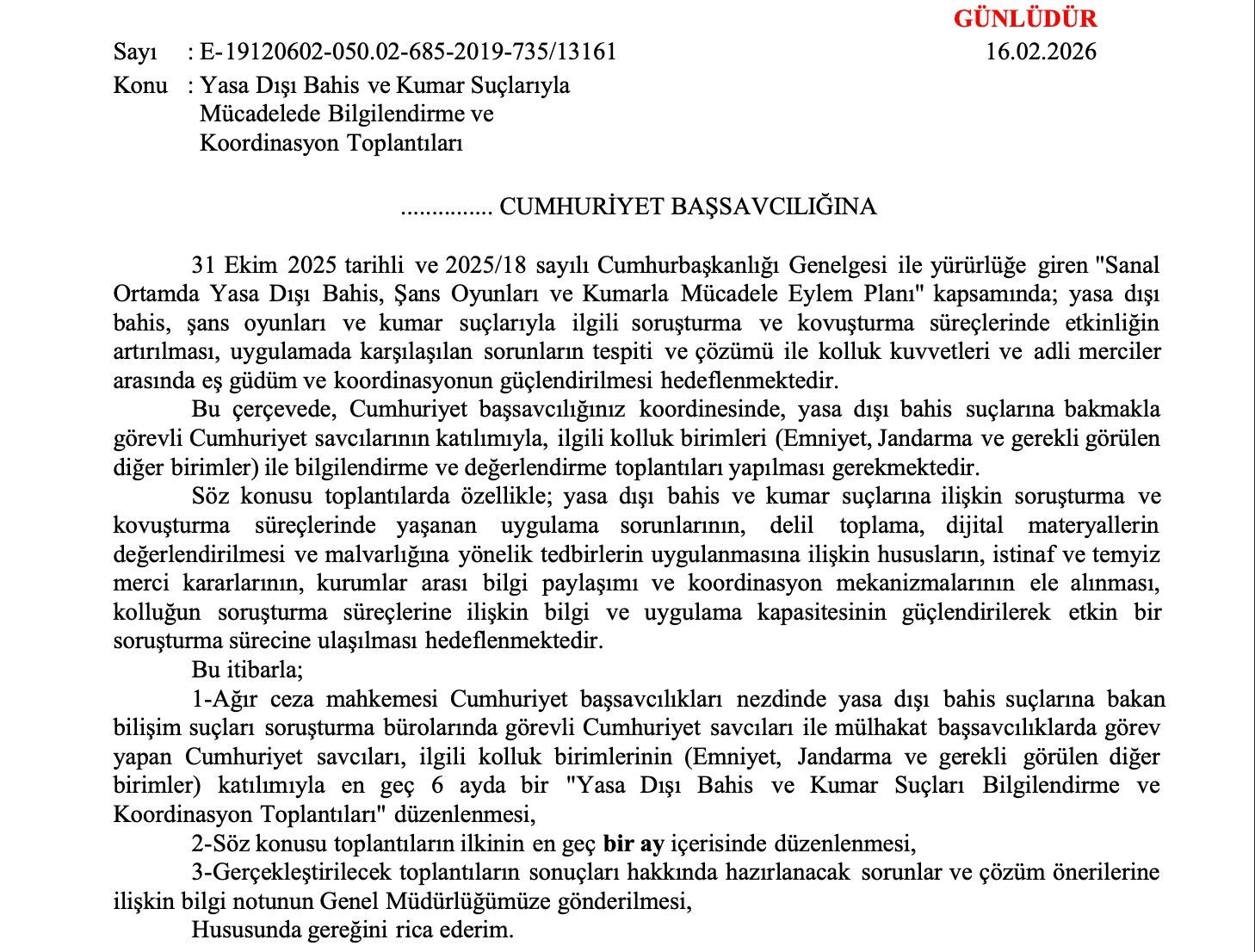 Adalet Bakanlığı’ndan 81 il başsavcılığına yasa dışı bahis yazısı
Adalet Bakanlığı’ndan 81 il başsavcılığına yasa dışı bahis yazısı