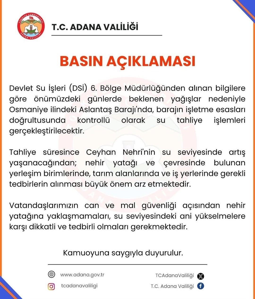Adana Valiliğinden taşkın uyarısı
