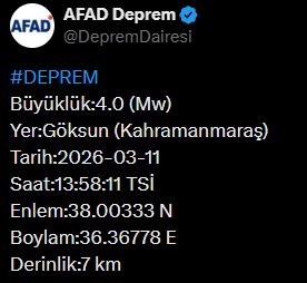 AFAD duyurdu: Kahramanmaraş’ta 4 büyüklüğünde deprem

