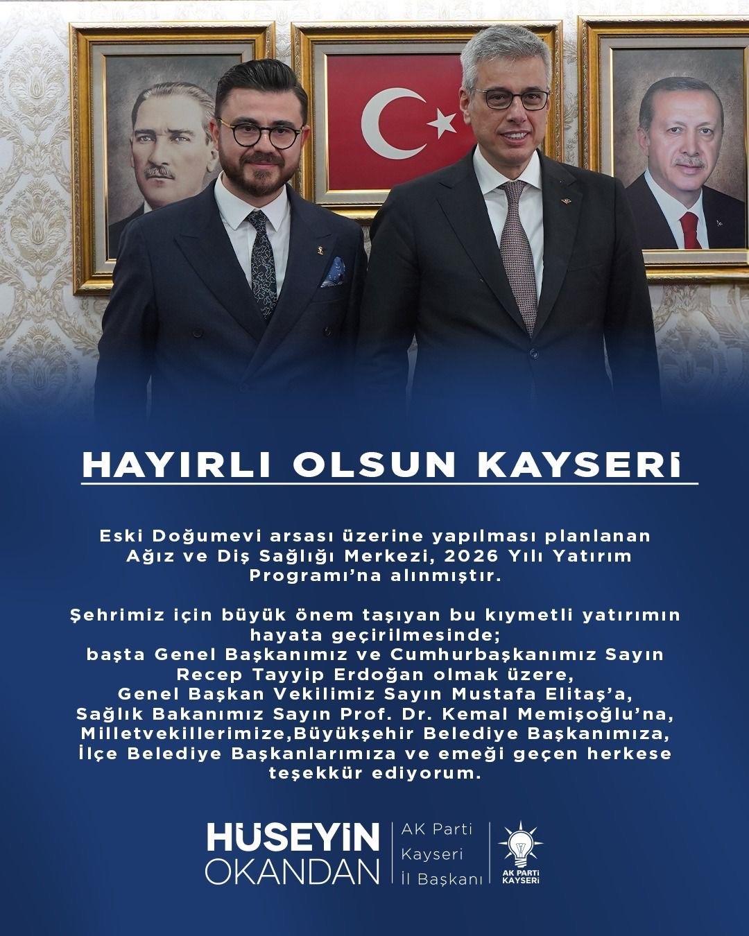 AK Parti İl Başkanı Okandan’dan ‘Diş Sağlığı Merkezi’ teşekkürü
