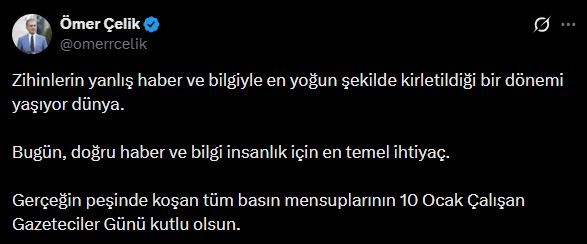 AK Parti Sözcüsü Çelik’ten 10 Ocak Çalışan Gazeteciler Günü mesajı
