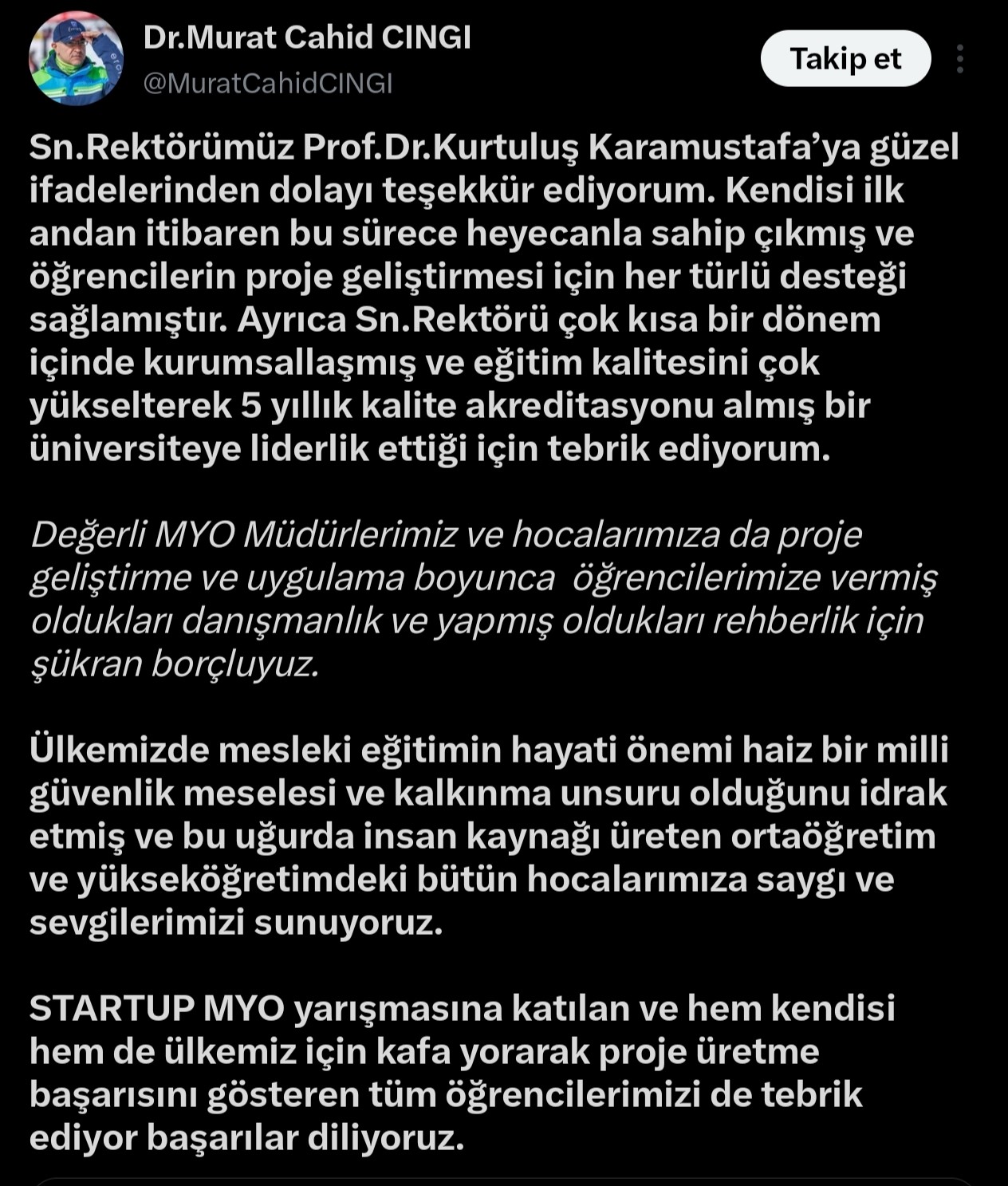 AK Partili Cıngı’dan KAYÜ yönetimi ve öğrencilerine Start-Up teşekkürü
AK Partili Cıngı’dan KAYÜ yönetimi ve öğrencilerine Start-Up teşekkürü