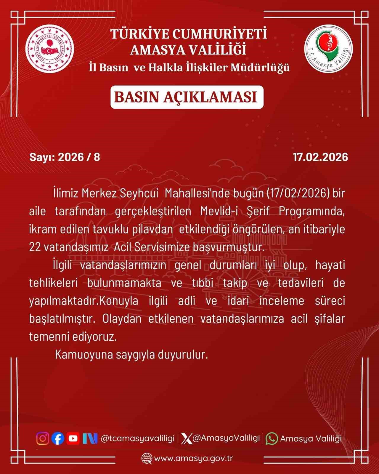 Amasya’da mevlitte yenen tavuklu pilavdan 22 kişi zehirlendi
