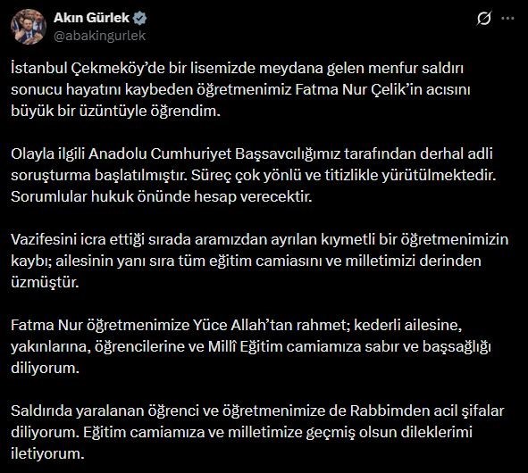 Bakan Gürlek: "(Öğretmen Fatma Nur Çelik) Olayla ilgili derhal adli soruşturma başlatılmıştır"
Bakan Gürlek: "(Öğretmen Fatma Nur Çelik) Olayla ilgili derhal adli soruşturma başlatılmıştır"