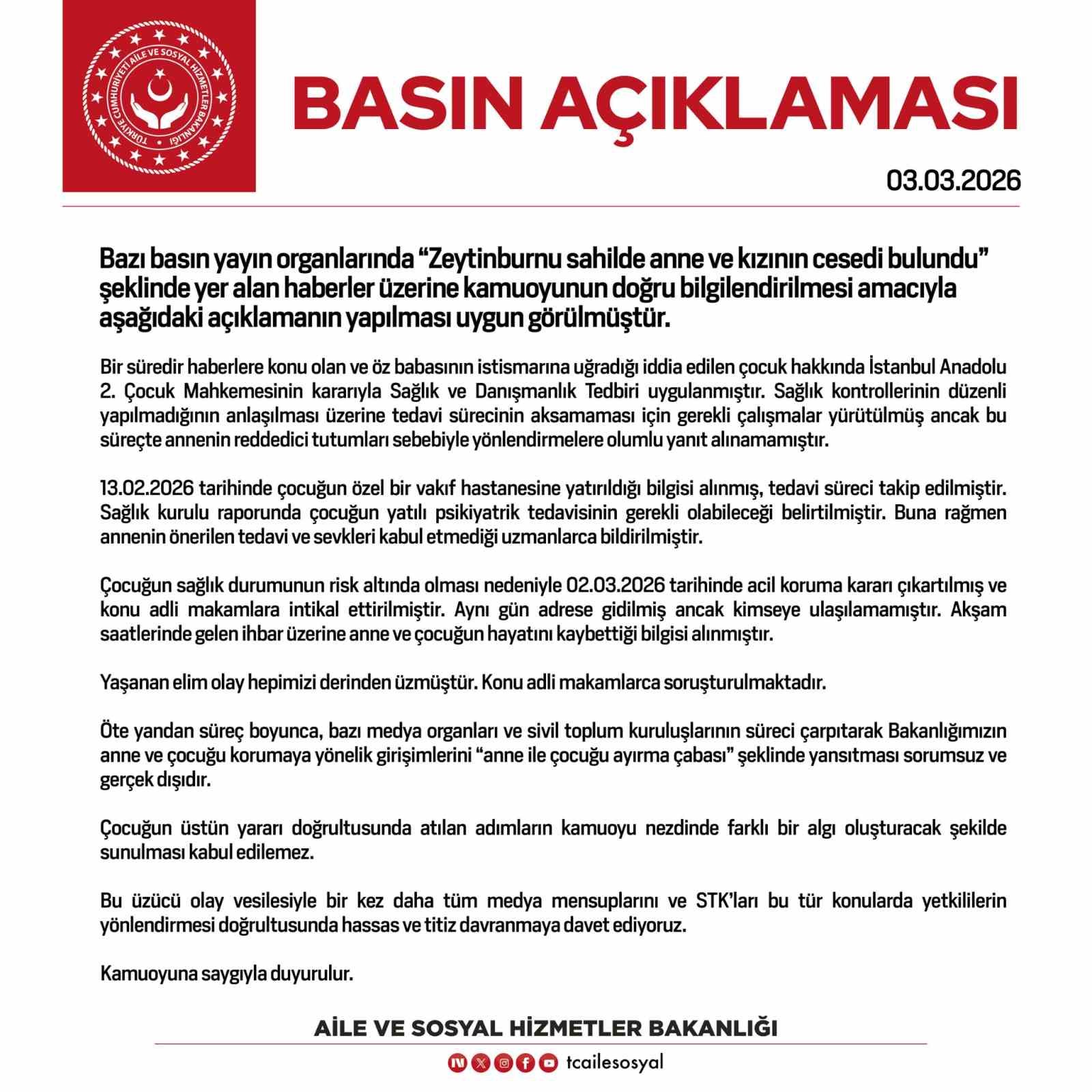Bakanlıktan Zeytinburnu’ndaki anne ve çocuk ölümüyle ilgili açıklama
