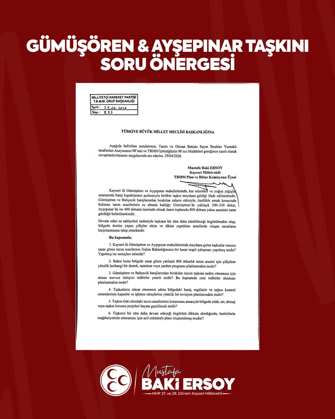 Baki Ersoy’dan Tarım ve Orman Bakanlığı’na ‘taşkın soru önergesi’
