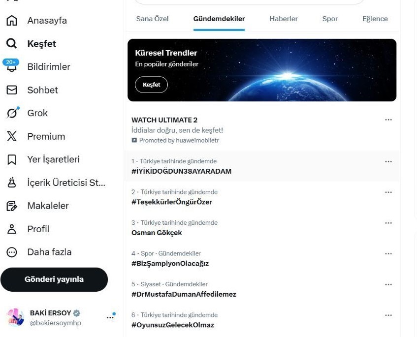 Baki Ersoy’un paylaştığı #İyiKiDoğdun38AyarAdam etiketi X gündeminde 1. sırada yer aldı
