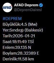 Balıkesir’de 4.5 büyüklüğünde deprem
