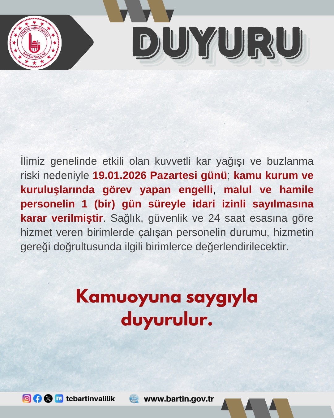 Bartın’da kamu çalışanlarına kar tatili
