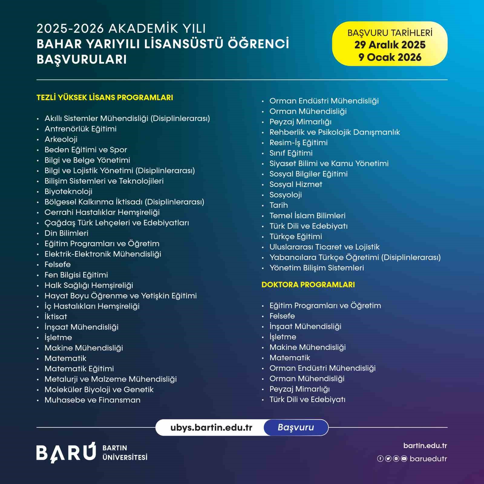 BARÜ’nün 55 lisansüstü eğitim programına öğrenci alımı devam ediyor