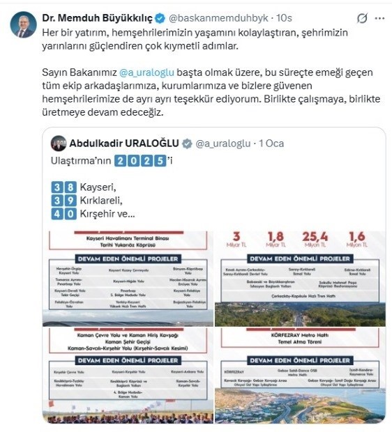 Başkan Büyükkılıç’tan Bakan Uraloğlu’na teşekkür: "Kayseri’nin yarınlarını birlikte inşa ediyoruz"
Başkan Büyükkılıç’tan Bakan Uraloğlu’na teşekkür: "Kayseri’nin yarınlarını birlikte inşa ediyoruz"