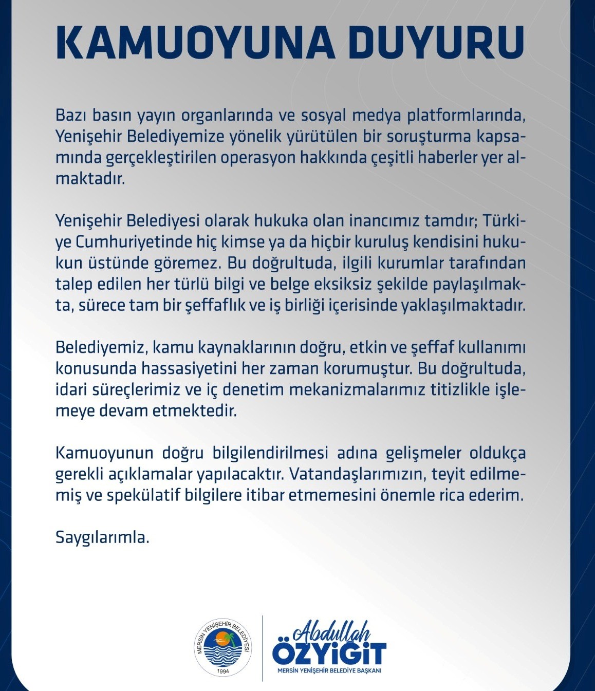 Başkan Özyiğit’ten operasyon açıklaması: "Hukuka güvenimiz tam"
Başkan Özyiğit’ten operasyon açıklaması: "Hukuka güvenimiz tam"