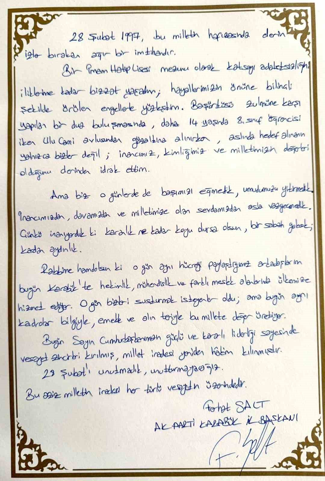 Başkan Salt, "Bu milletin iradesi her türlü vesayetin üzerindedir"
