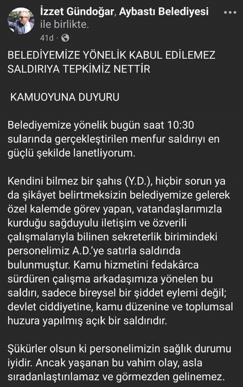 Belediye başkanının sekreterine satırla saldırı: 1 yaralı
