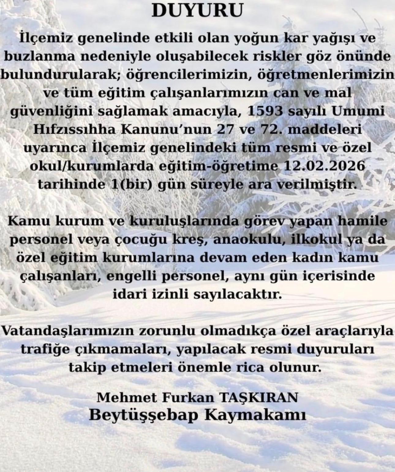 Beytüşşebap’ta kar alarmı: Eğitime 1 gün ara verildi
