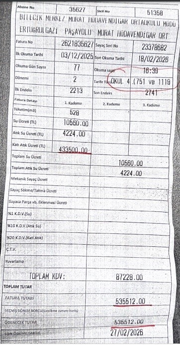 Bilecik’te bir okuldan 433 bin 500 TL’lik katı atık ücreti talebi
