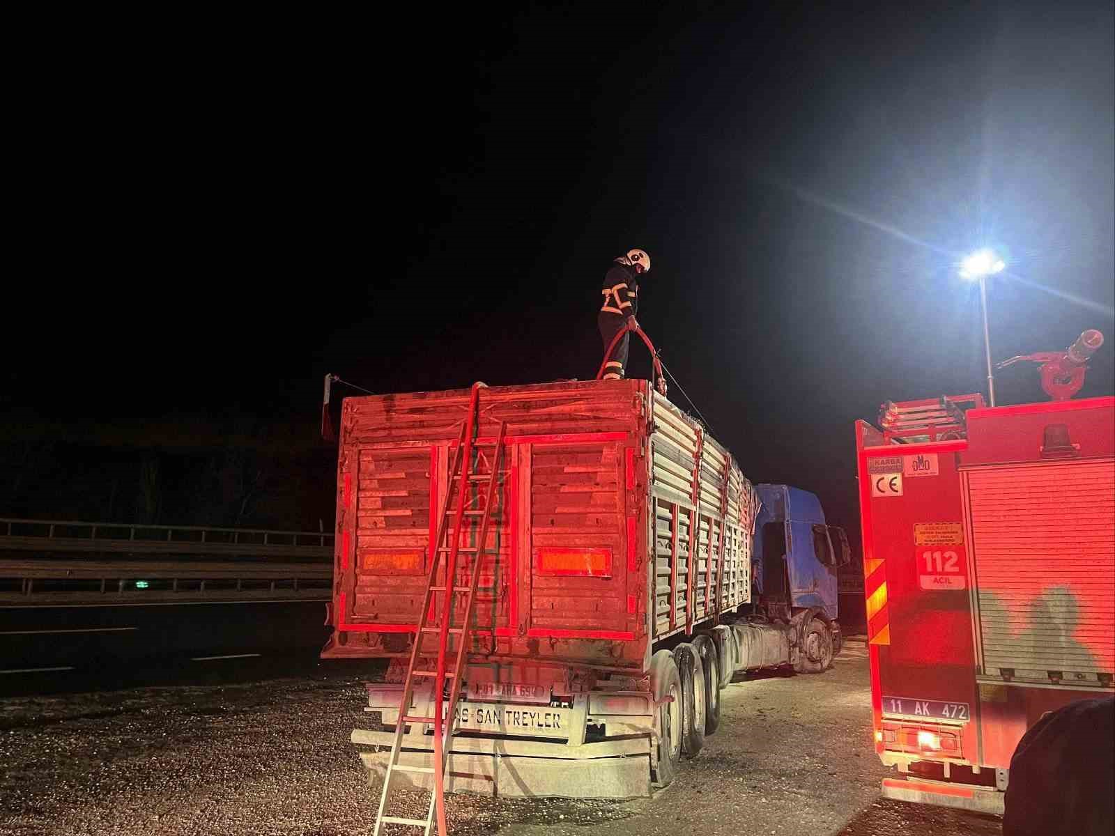 Bilecik’te seyir halinde talaş yüklü tır dorsesi alev aldı
