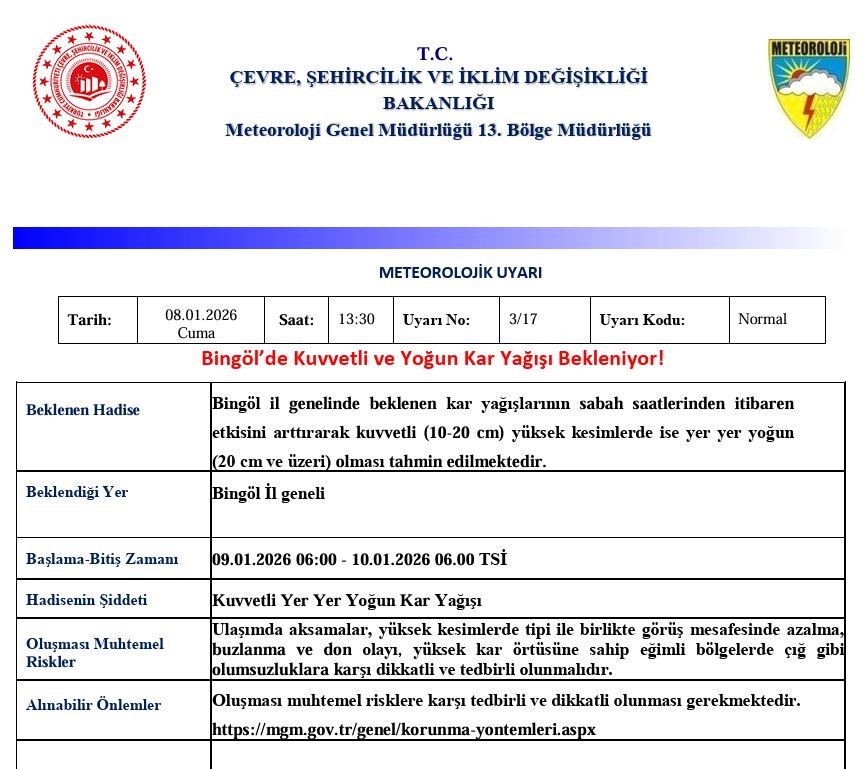 Bingöl için kuvvetli ve yoğun kar uyarısı
