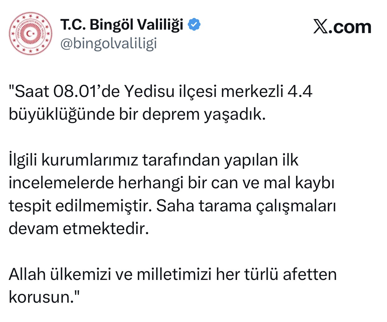 Bingöl Valiliği: "Saha tarama çalışmaları devam etmektedir"

