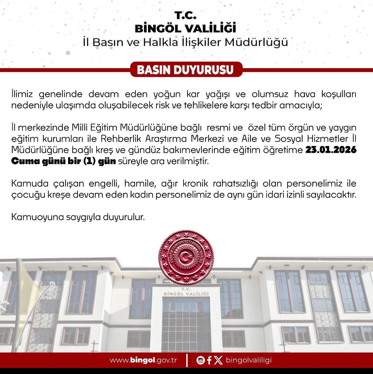 Bingöl’de eğitim kurumlarına kar tatili
