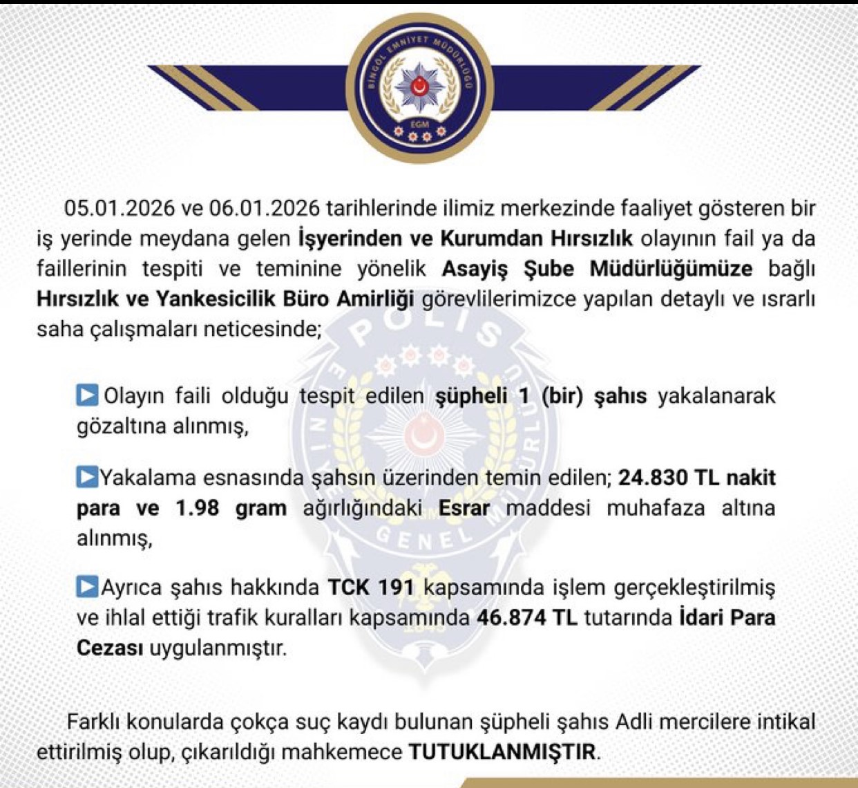 Bingöl’de hırsızlık yapan şüpheli tutuklandı
