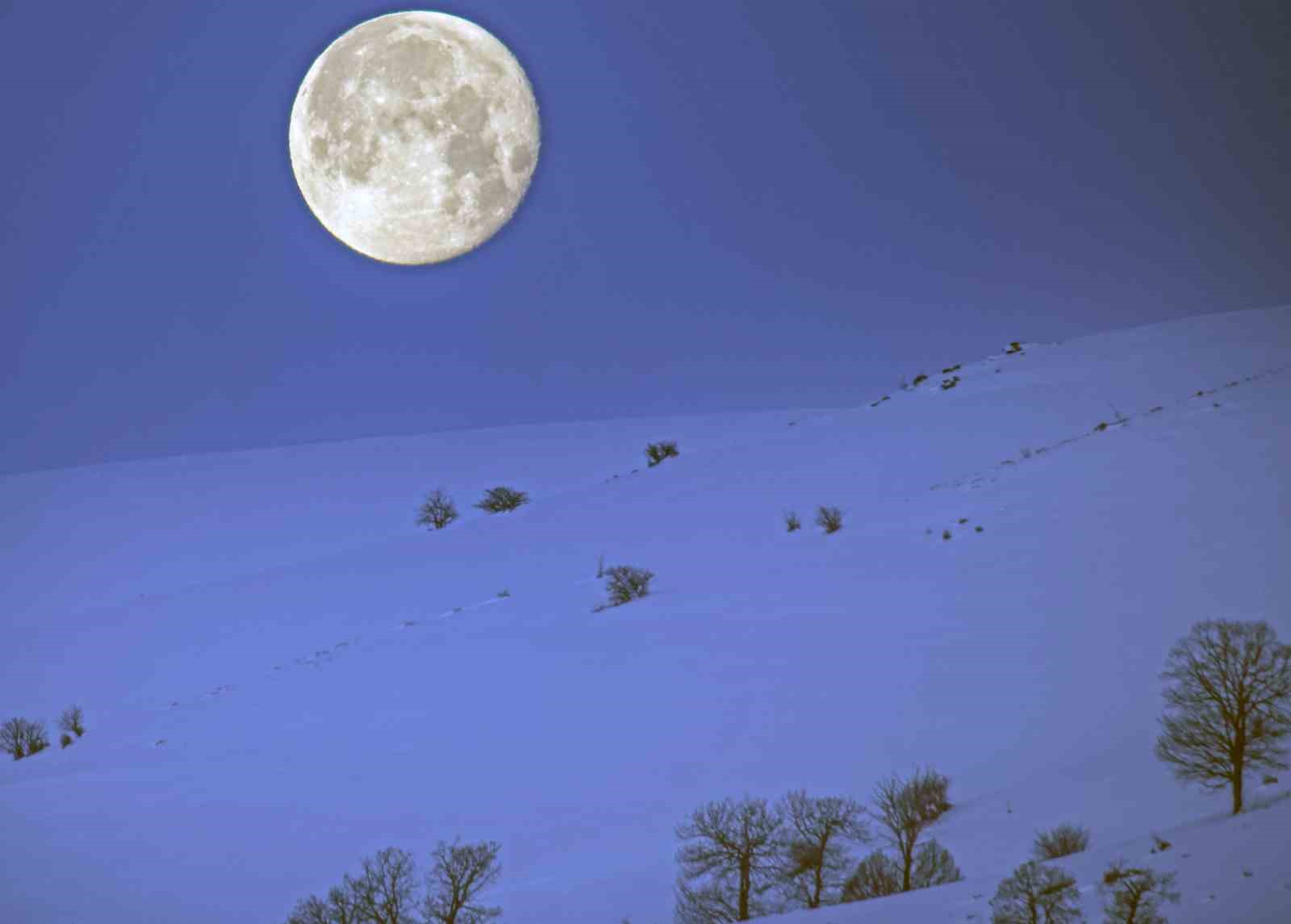 Bitlis’te karlı dağlarla bütünleşen ay manzarası mest etti
