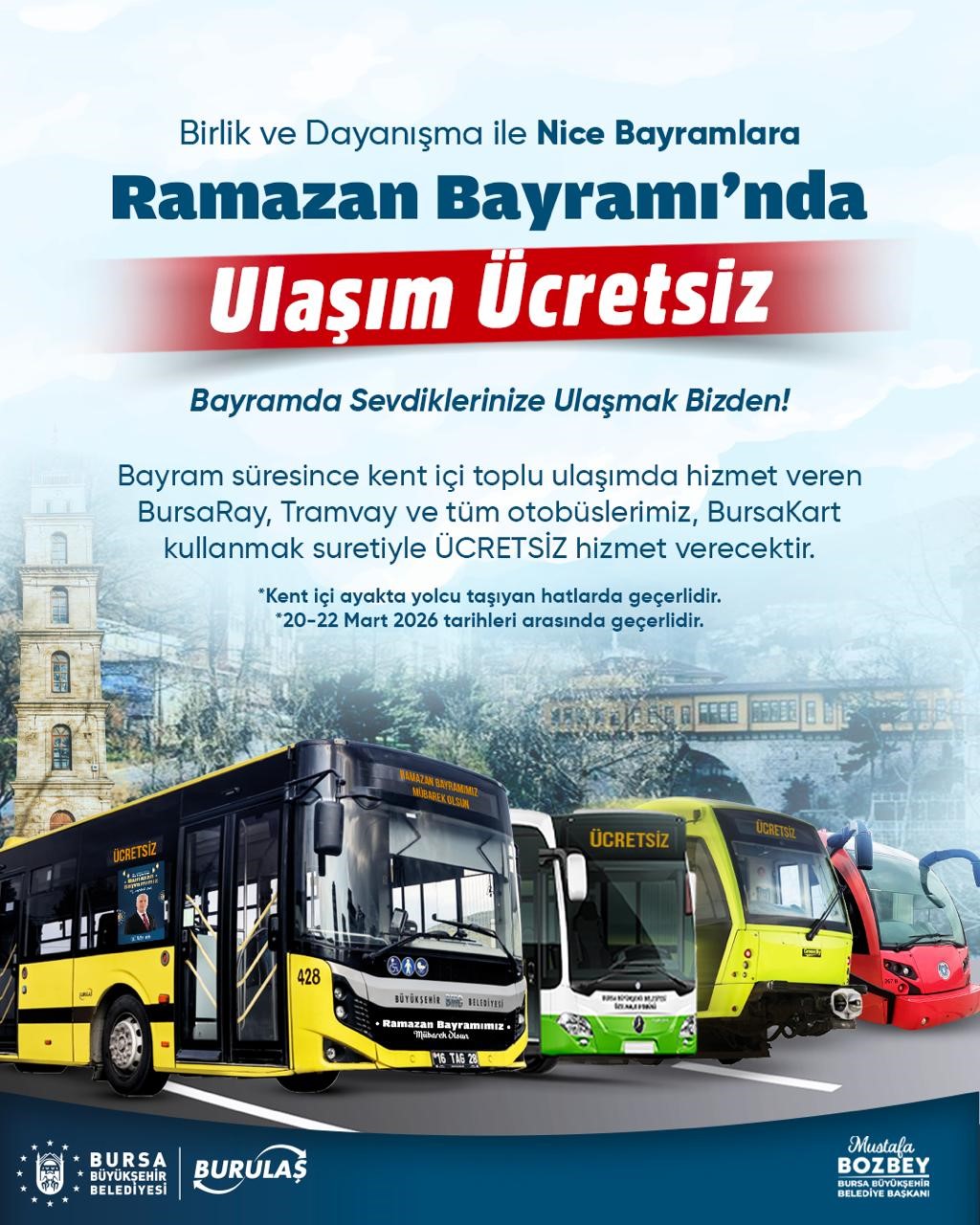 Bursa’da bayram boyunca ulaşım ücretsiz
