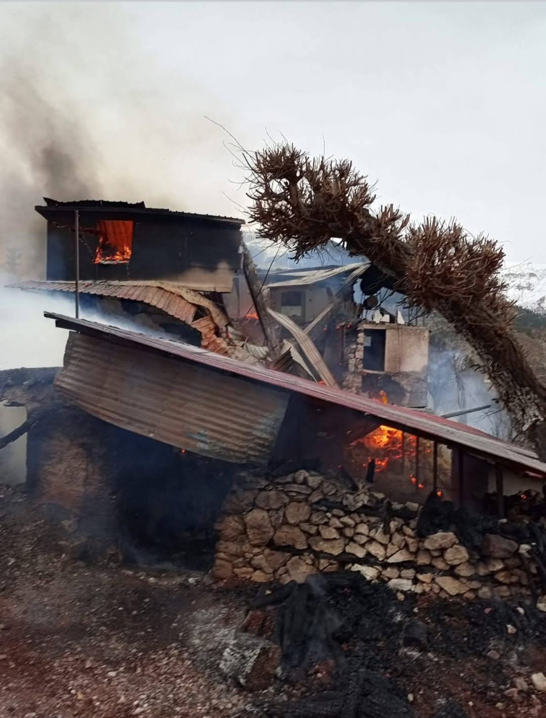 Çıkan yangında ev küle döndü, 1 kişi dumandan etkilendi, 3 hayvan telef oldu
