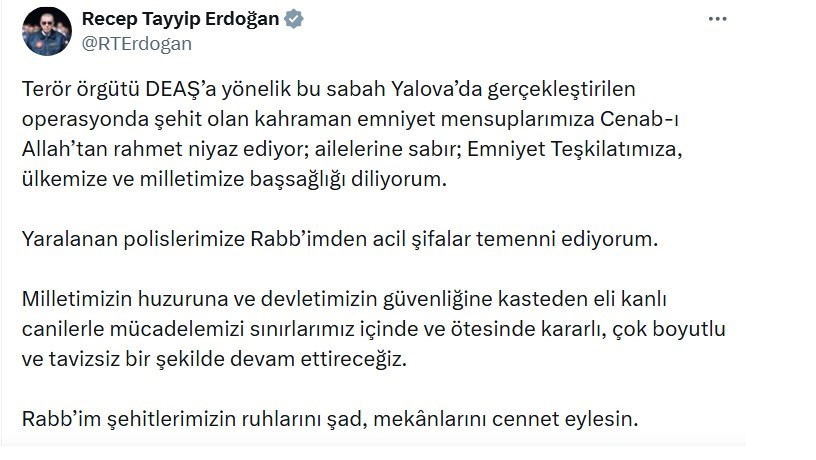 Cumhurbaşkanı Erdoğan: "Eli kanlı canilerle mücadelemizi sınırlarımız içinde ve ötesinde kararlı bir şekilde devam ettireceğiz"
Cumhurbaşkanı Erdoğan: "Eli kanlı canilerle mücadelemizi sınırlarımız içinde ve ötesinde kararlı bir şekilde devam ettireceğiz"