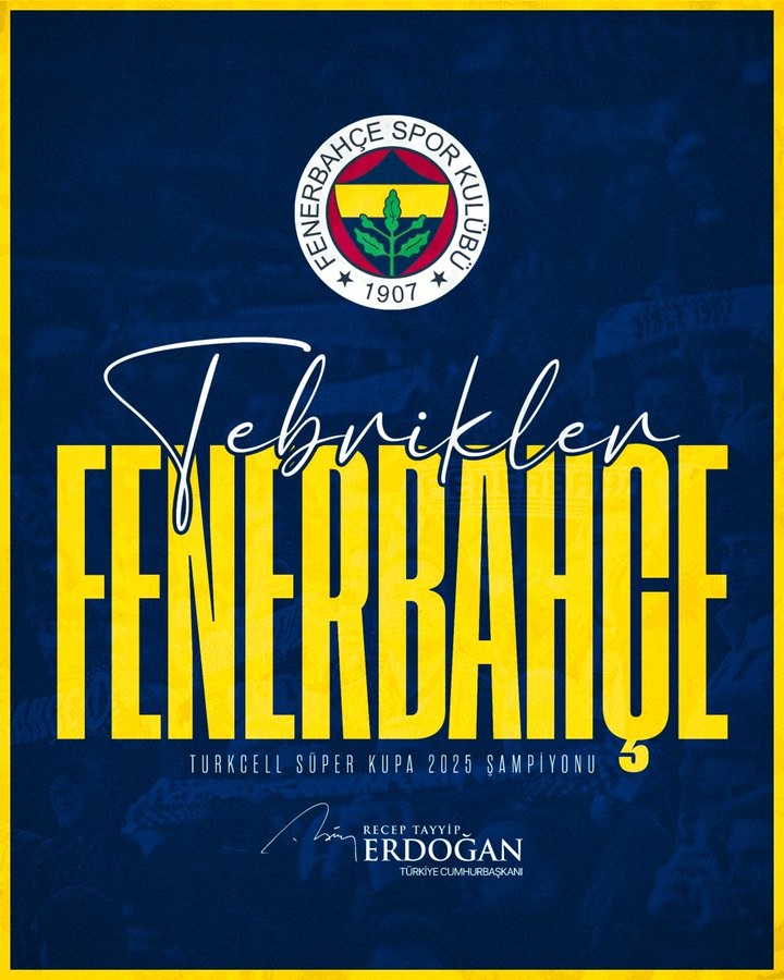 Cumhurbaşkanı Erdoğan’dan Süper Kupa’yı kazanan Fenerbahçe’ye tebrik
