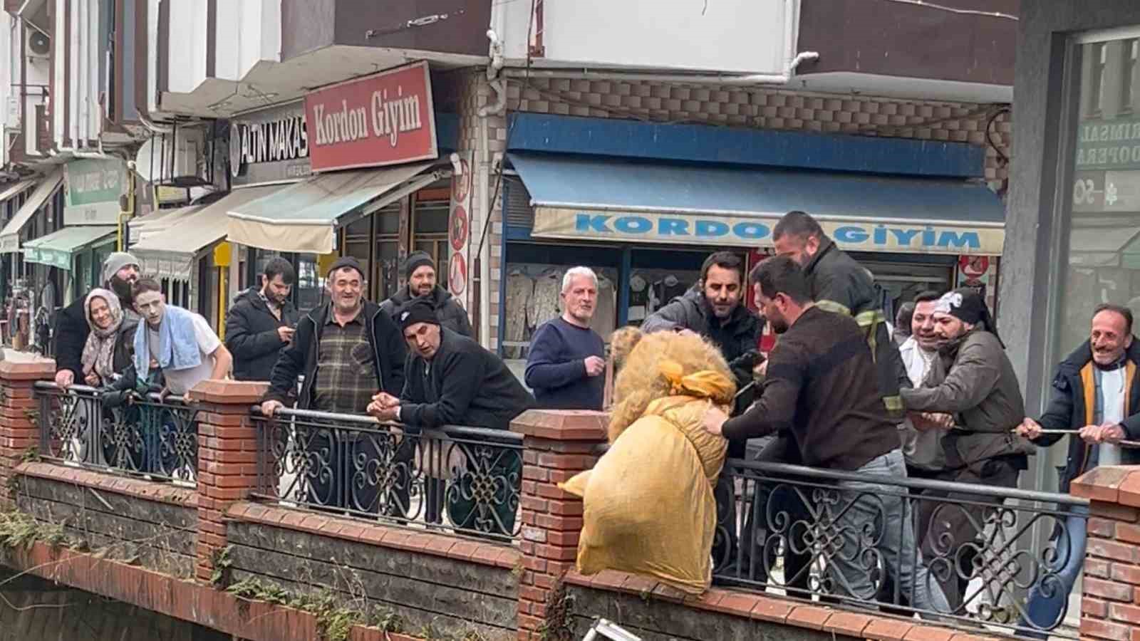 Dere yatağında mahsur kalan köpek itfaiye ve vatandaşın yardımıyla kurtarıldı
