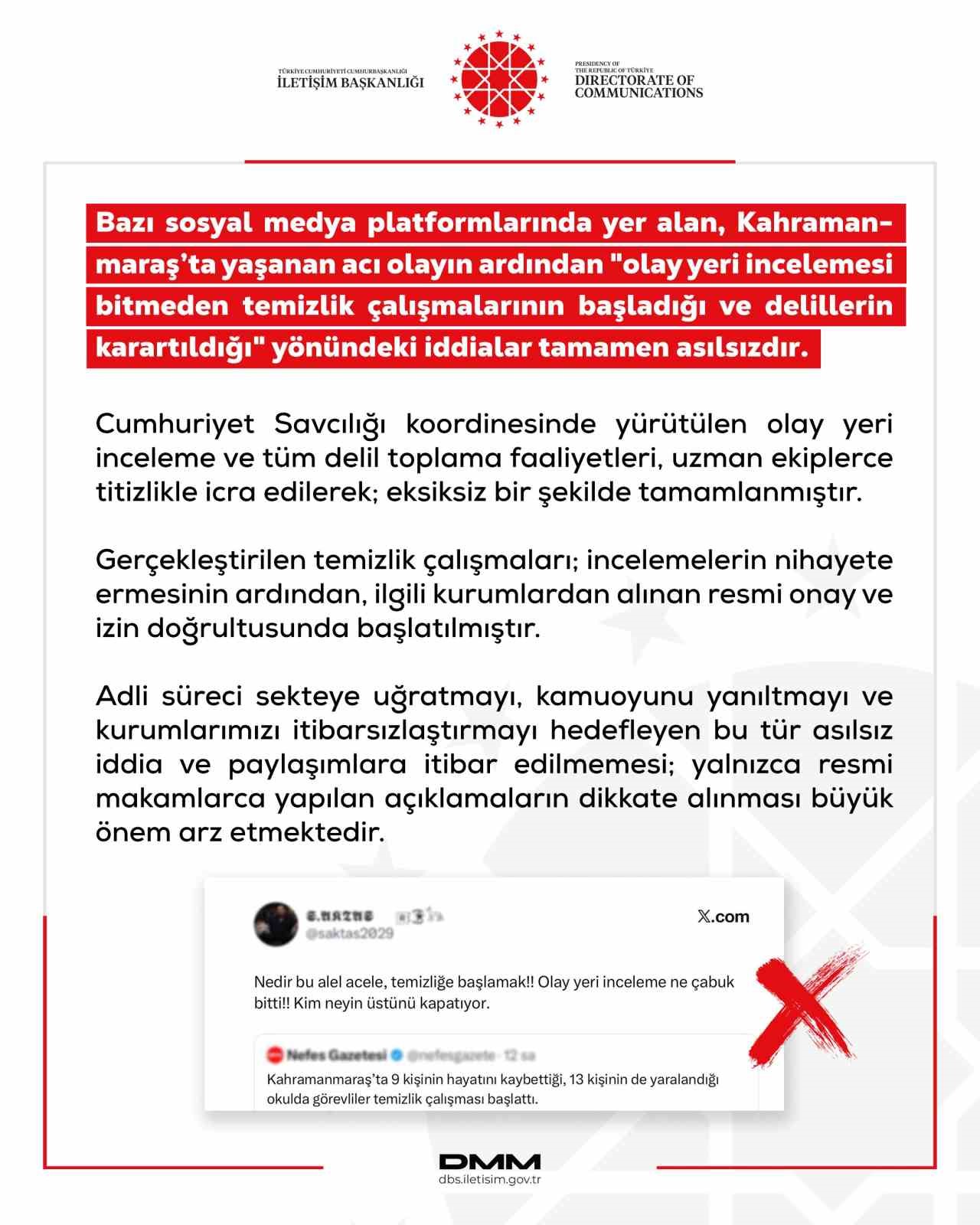 Dezenformasyonla Mücadele Merkezi’nden lisedeki saldırıda ‘delillerin karartıldığı’ iddiasına yalanlama
Dezenformasyonla Mücadele Merkezi’nden lisedeki saldırıda ‘delillerin karartıldığı’ iddiasına yalanlama