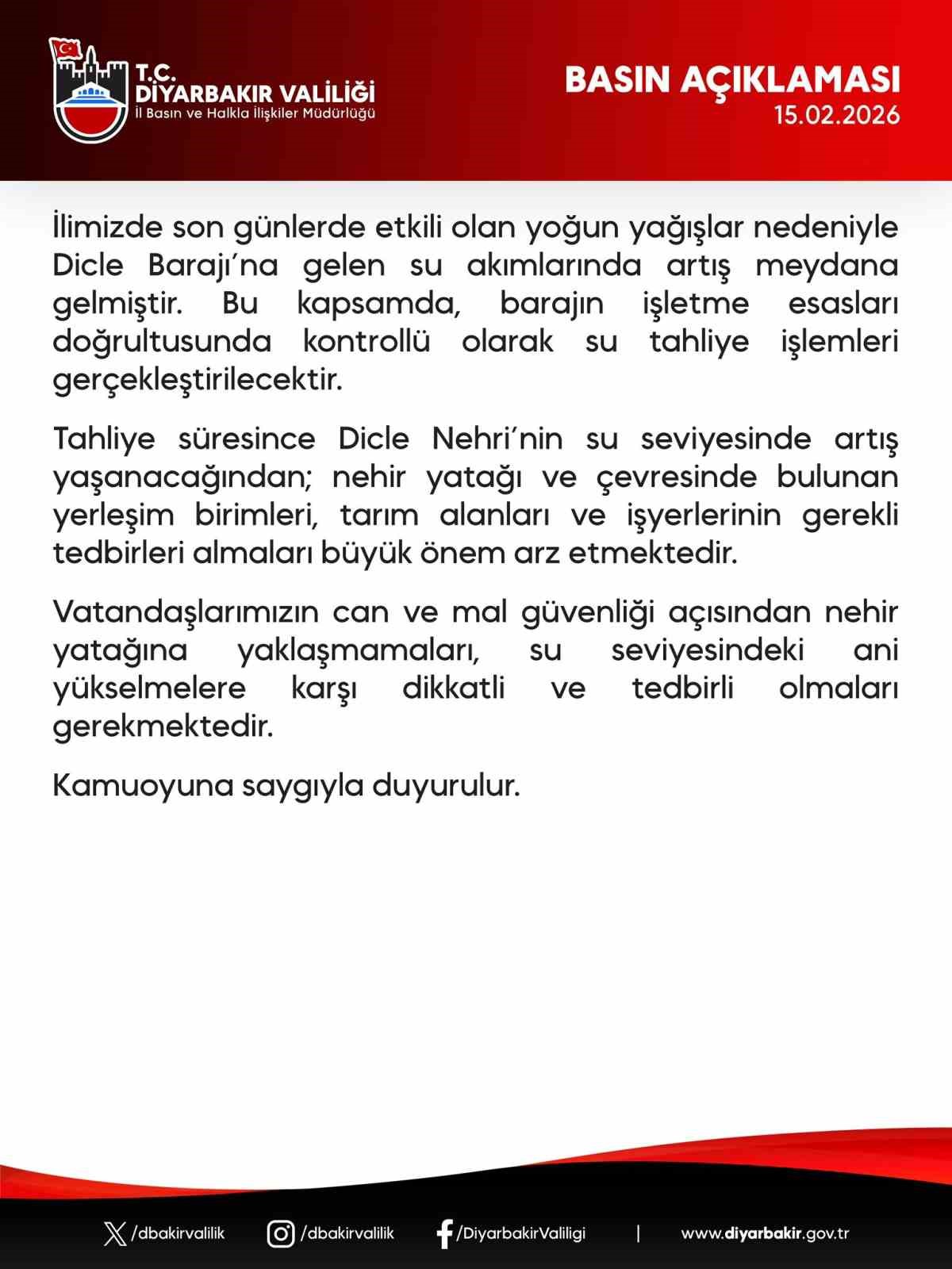 Dicle Barajı’ndan kontrollü su tahliyesi yapılacak
