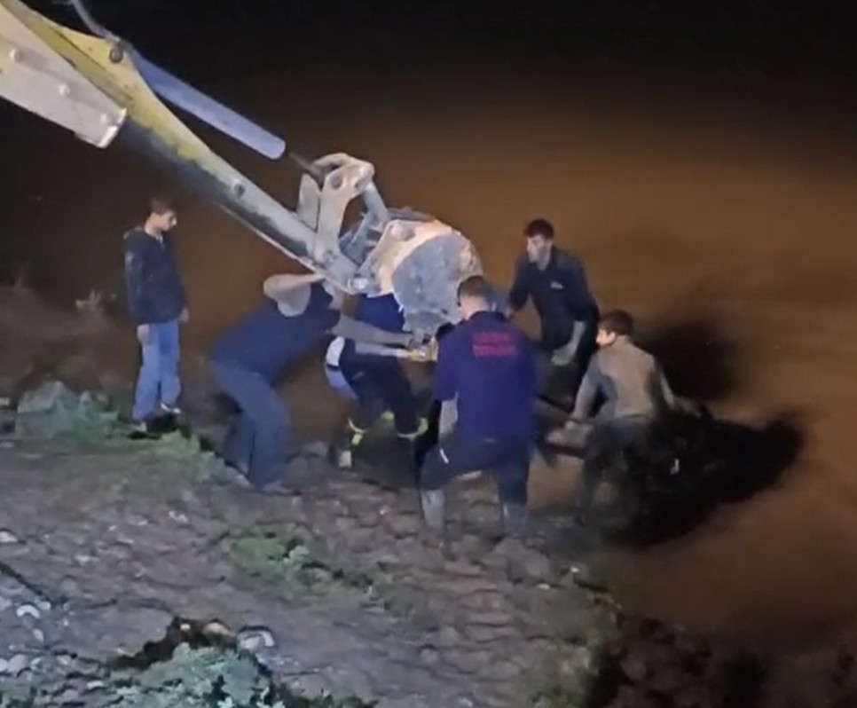 Dicle Nehri’ne düşen ineği itfaiye iş makinesiyle kurtardı
