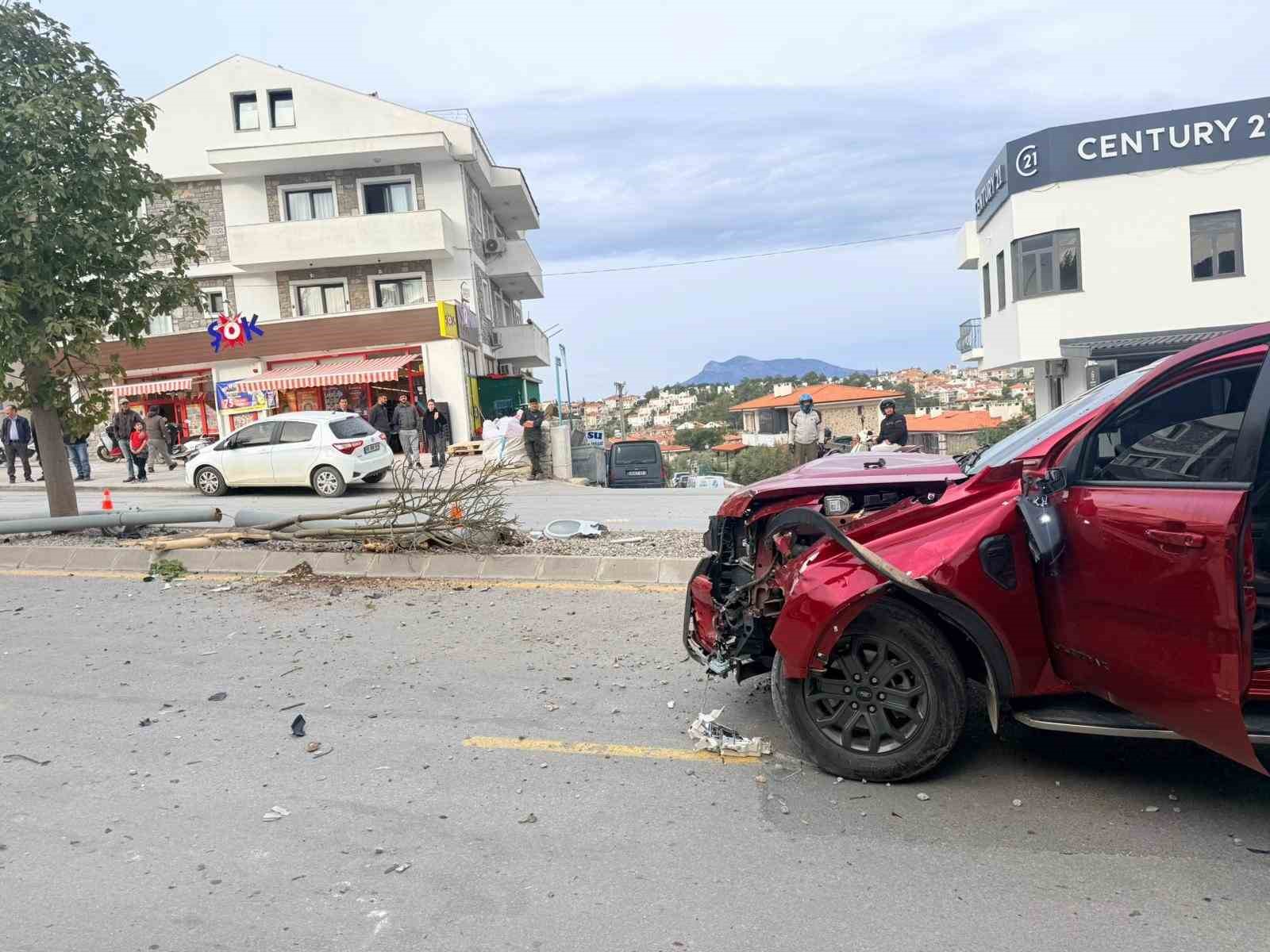 Direksiyon hakimiyetini kaybetti, 2 ağaç ve elektrik direğini yerinden söktü
