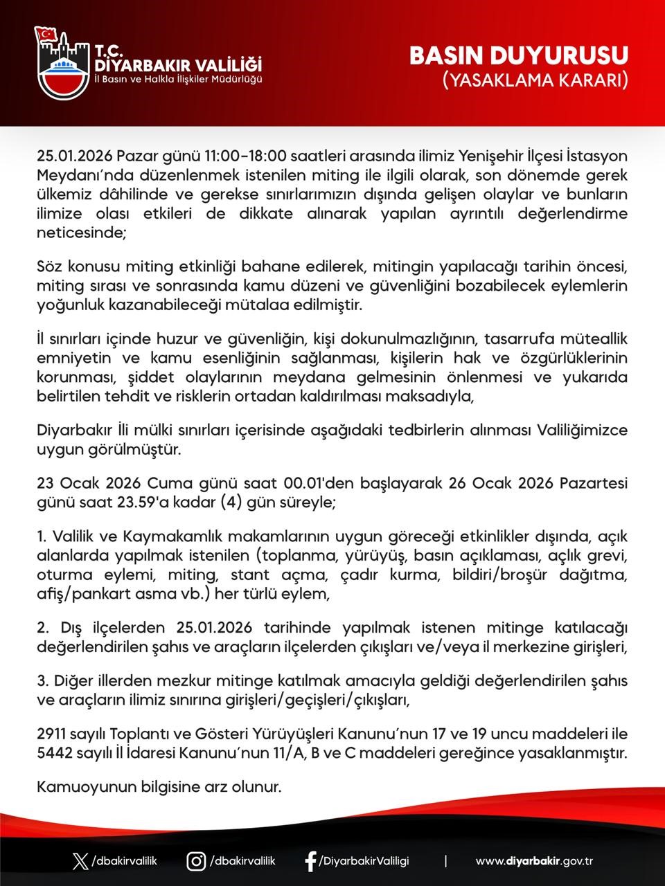 Diyarbakır’da gösteri ve yürüyüşler 4 gün boyunca yasaklandı
