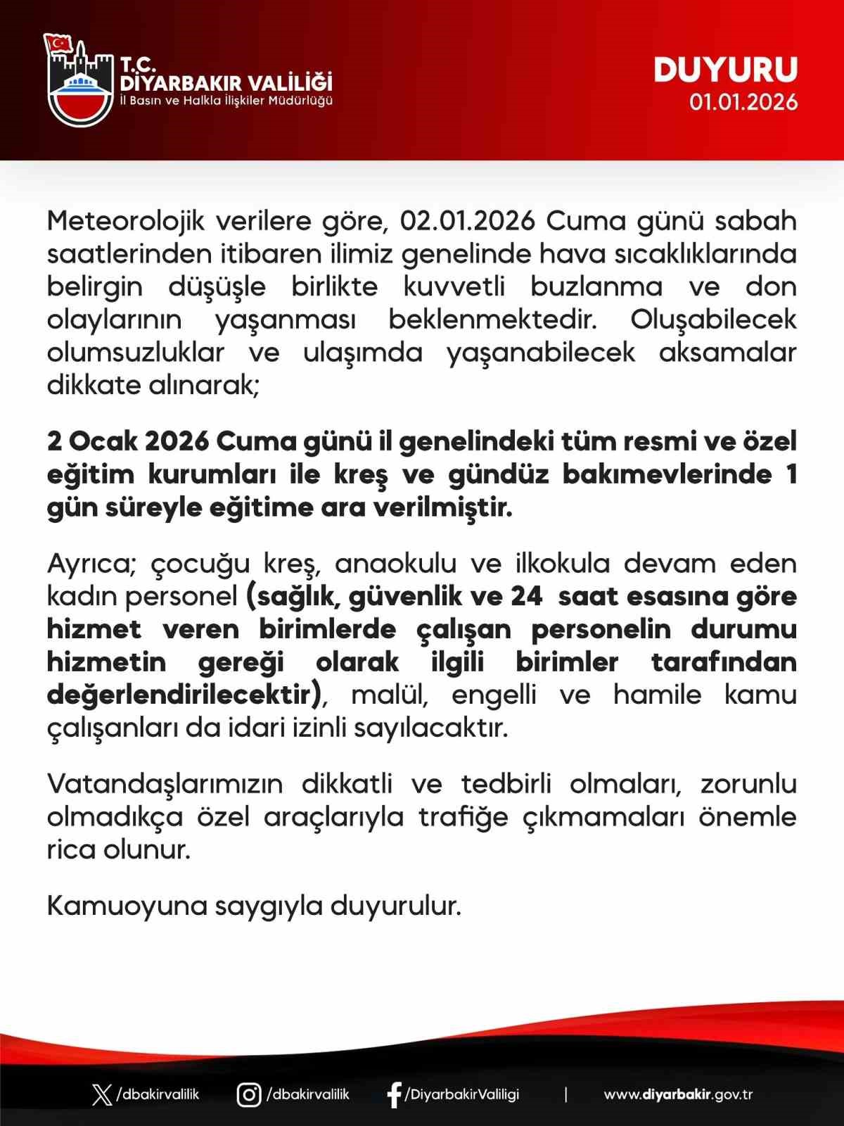 Diyarbakır’da okullar 1 gün tatil edildi
