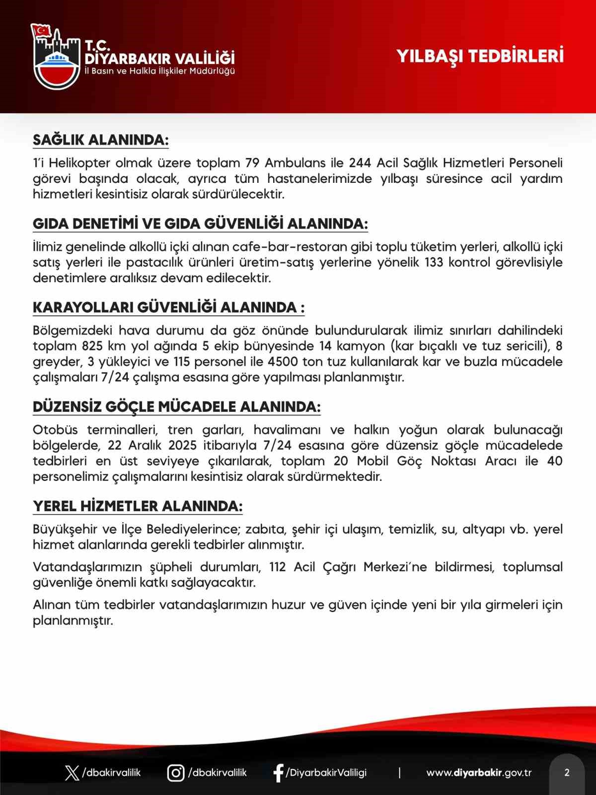 Diyarbakır’da yılbaşı tedbirleri kapsamında 8 bin 737 güvenlik personeli sahada olacak
