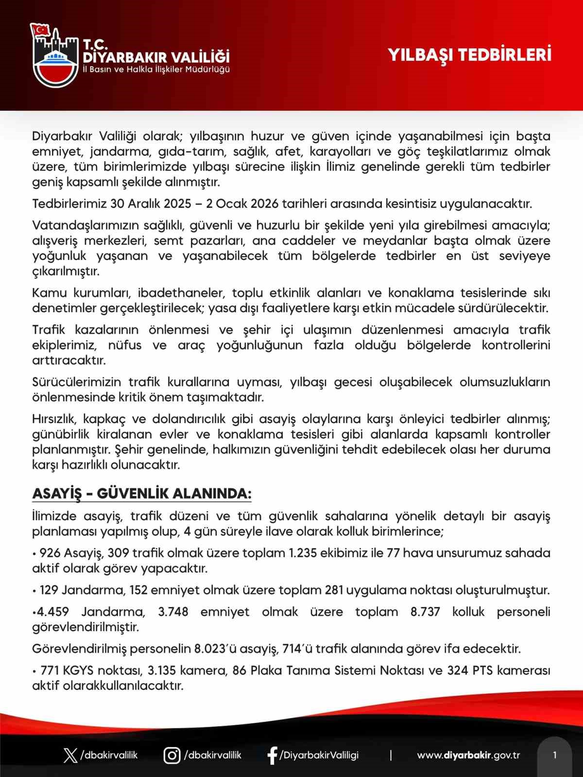 Diyarbakır’da yılbaşı tedbirleri kapsamında 8 bin 737 güvenlik personeli sahada olacak
